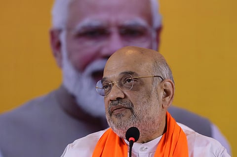 Amit Shah briefing reporters in Hyderabad. (Photo | Sri Loganathan Velmurugan, EPS)