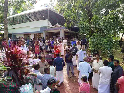 Locals and relatives stand in front of the house of Abigel Sara Reji, who was kidnapped from Oyoor. (Photo | BP Deepu)