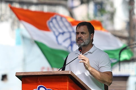 Congress leader Rahul Gandhi during a public meeting at Nampally ahead of Telangana Assembly elections, in Hyderabad. (Photo | Sri Loganathan Velmurugan)