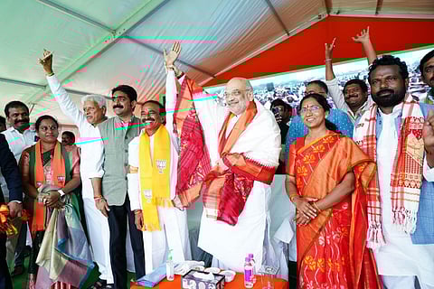Home minister Amit Shah at Huzurabad public meeting appeals people support BJP candidate Eatala Rajender in Huzurabad of Karimnagar district on Monday. (Photo | Express)
