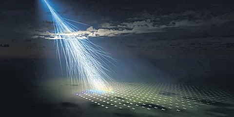 An artist’s illustration of the energetic cosmic ray observed by a surface detector array of the telescope array experiment, named “amaterasu particle”. (Photo | Osaka Metropolitan University)