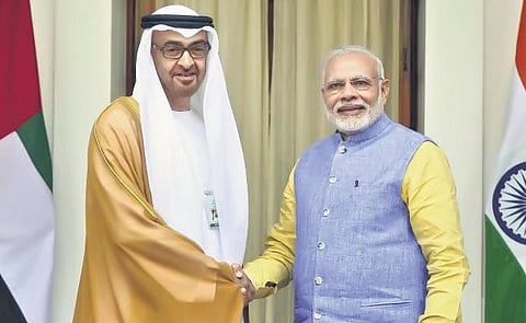 PM Narendra Modi with Crown Prince of Abu Dhabi Sheikh Mohammed Bin Zayed (File photo| PTI)