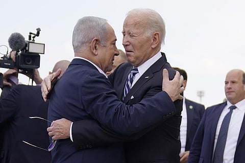President Joe Biden is greeted by Israeli Prime Minister Benjamin Netanyahu after arriving at Israel. (Photo | AP)