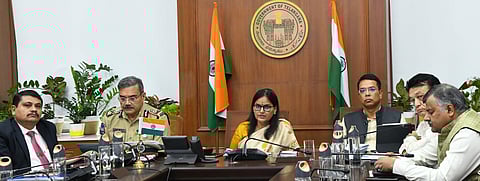Chief Secretary Santhi Kumari attends a video conference with CEC Rajiv Kumar. (Photo | Express)