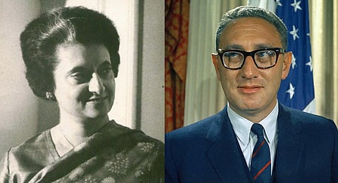 FILE - A collage of former Indian Prime Minister Indira Gandhi and ex-US Secretary of State and NSA Henry Kissinger. (Photos | PTI, AP)