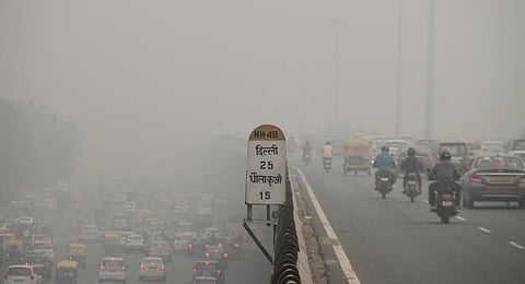 : Vehicles on the Delhi-Gurugram Expressway amid hazy weather conditions, in Gurugram. (Photo | PTI)