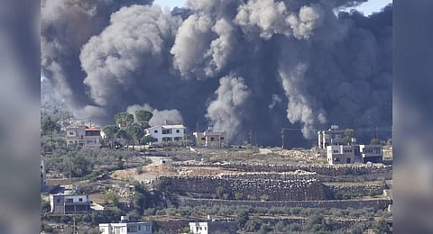 Black smoke rises from an Israeli airstrike on the outskirts of Aita al-Shaab, a Lebanese border village with Israel on Saturday. (Photo | AP)