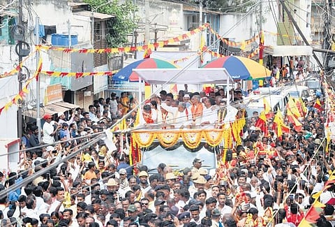 Chief Minister Siddaramaiah participates in a rally during as part of ‘Karnataka Sambhrama-50’ in Gadag on Friday | Express