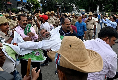 A recent protest in front of Town Hall, against the state government for releasing Cauvery water to Tamil Nadu, in Bengaluru. (Photo | Shashidhar Byrappa, EPS)
