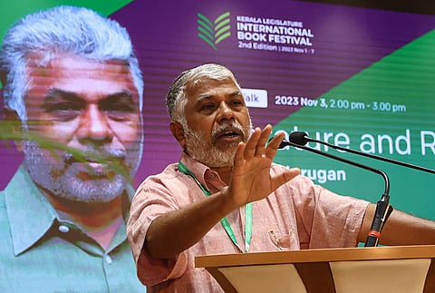 Writer Perumal Murugan delivering a speech at the second edition of Kerala Legislature International Book Festival. (Photo | B P Deepu)