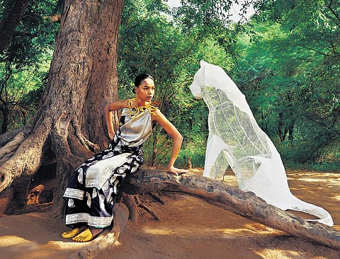 The collection, comprising seven saris and 10 lehengas in pure silk, harnesses the might of the animal by mixing striped and floral motifs through jewelled tones and treasured techniques.