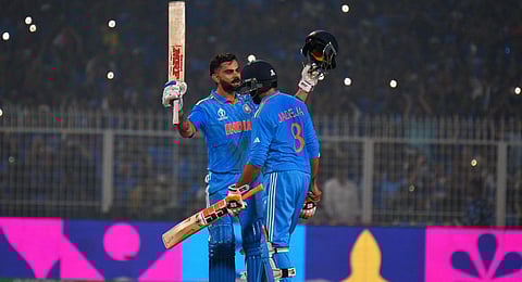 Virat Kohli celebrates his century with Ravindra Jadeja during the ICC Men's Cricket World Cup match between India and South Africa in Kolkata, Sunday, Nov. 5, 2023.(Photo | Shiba Sahu- EPS)