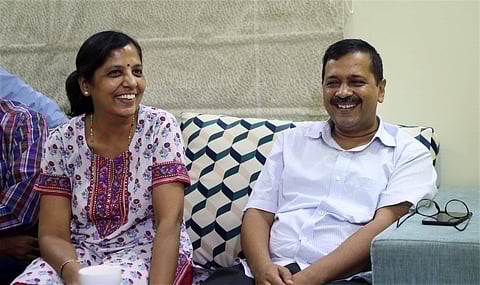 Delhi Chief Minister Arvind Kejriwal with his wife Sunita Kejriwal at his residence in New Delhi (File Photo | Shekhar Yadav/EPS)