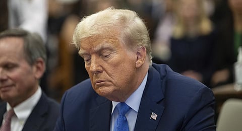 Former US President Donald Trump waits to take the witness stand at New York Supreme Court, Monday, Nov. 6, 2023.