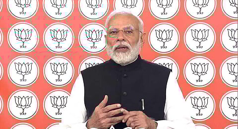 Prime Minister Narendra Modi addresses the people of Mizoram ahead of the State Assembly elections, Sunday, Nov. 5, 2023. (Photo | PTI)