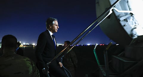U.S. Secretary of State Antony Blinken boards his military transport aircraft to depart Baghdad International Airport after meeting the Iraqi Prime Minister.(Photo | AP)