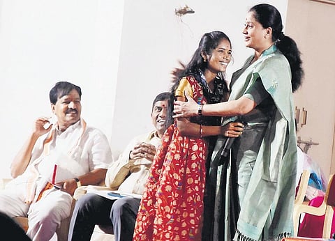 A fan of former MP Vijayashanti rushes to embrace her during the distribution of ABVF Skill Developement certificates in Hyderabad on Sunday | RVK Rao