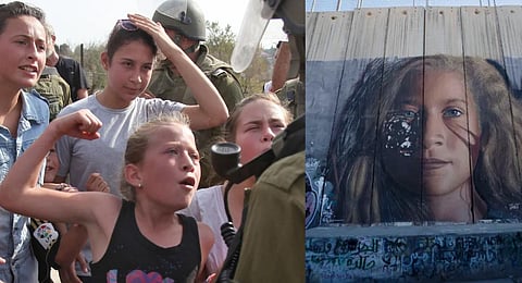 (L)File photo taken on November 2, 2012 shows Palestinian Ahed Tamimi (C) gesturing in front of an Israeli soldier, Graffiti of Ahed Tamimi in Bethlehem.(Photo | AFP ,AP)