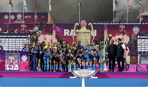 Indian women's hockey team secured its second Women's Asian Champions Trophy title after beating Japan by 4-0 (Photo | Twitter)