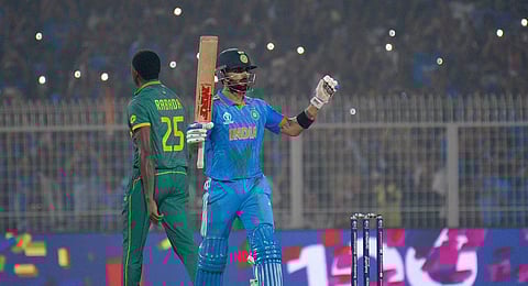 Virat Kohli celebrates his hundred against South Africa at Eden Gardens on Sunday. (Photo | Shiba Prasad Sahu)
