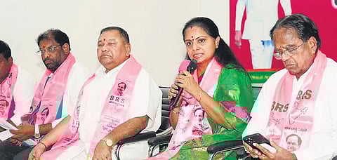 BRS MLC K Kavitha, along with party leaders, addresses a press conference in Nizamabad on Monday