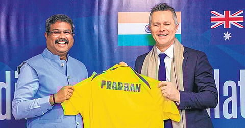 Education minister Dharmendra Pradhan with his Australian counterpart Jason Clare at the Education and Skill Council meeting in Gandhinagar on Monday | pti