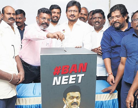Sports Minister Udayanidhi Stalin called on VCK president Thol Thirumavalavan seeking support for the DMK’s signature campaign against NEET. (Photo | P Ravikumar, EPS)
