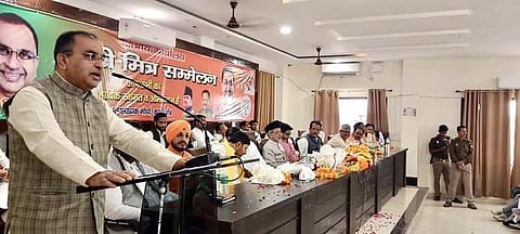 A recent Modi Mitra sammelan being addressed by Jamal Siddiqui in Varanasi