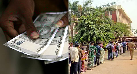 FILE - These images from 2016 shows: (L) A person showing the new Rs 500 denomination; (R) People waiting outside the RBI to exchange their currency after Centre's demonetistion move. (Photo | EPS)