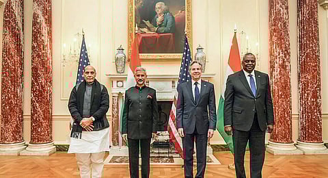 FILE - Defence Minister Rajnath Singh and EAM S Jaishankar, US Secretary of State Antony Blinken and US Defence Secretary Lloyd Austin during the 2+2 meet in Washington, April 12, 2022. (Photo | PTI)
