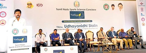 Udhayanidhi addressing Tamil Nadu Sports Science International Conclave in Chennai on Tuesday | Express