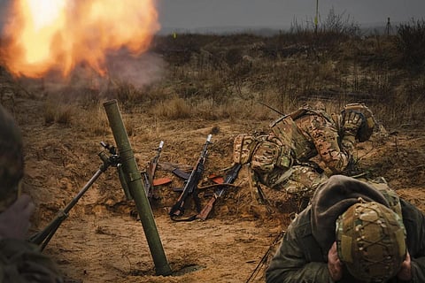 Soldiers of Ukraine's National Guard 1st brigade Bureviy (Hurricane) attend combat training at a military training ground in the North of Ukraine, Wednesday, Nov 8, 2023. (Photo | AP)