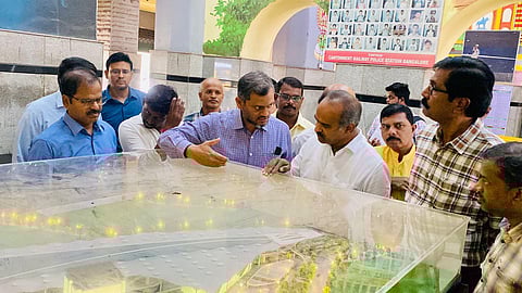 Bengaluru Central MP PC Mohan reviews the redevelopment project at Bengaluru Cantonment railway station. (Photo | Express)