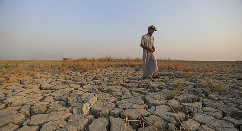 A fisherman walks across a dry patch of land in the marshes in Dhi Qar province, Iraq. (Photo | AP)