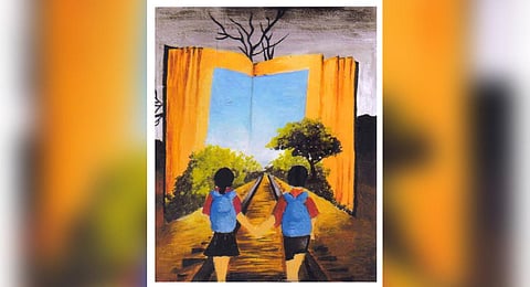 In this painting, Riju says she set out to connect the worlds of nature and education in a meaningful way.