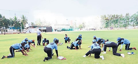 The Botswana women’s cricket team practices with the Karnataka U-19 probable women’s team. (Photo | Nagaraja Gadekal)