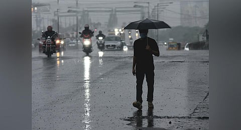 A man holding an umbrella walks during the heavy downpour in Chennai. (Photo | Ashwin Prasath)