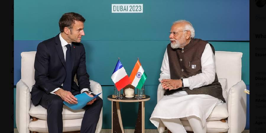 The Modi-Macron meeting took place on the sidelines of the COP28 World Climate Action Summit. (Photo | Twitter @Narendra Modi)