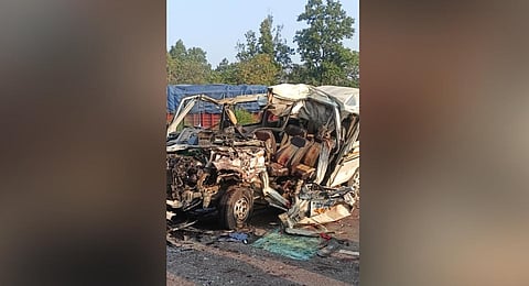 The mangled remains of the van the devotees were travelling in.