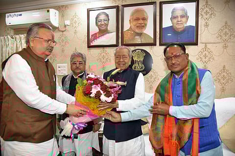 Chhattisgarh Governor Biswabhusan Harichandan with Chhattisgarh CM-designate Vishnu Deo Sai and senior BJP leader Raman Singh during a meeting, in Raipur on Sunday, December 10, 2023. (Photo | PTI)