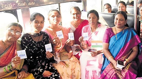 Women passengers show their tickets in Sangareddy on Saturday | Vinay Madapu