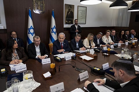 Israeli Prime Minister Benjamin Netanyahu, third left, attends the weekly cabinet meeting at the Prime Minister's office in Jerusalem, Sunday, Dec. 10, 2023. (Photo | AP)