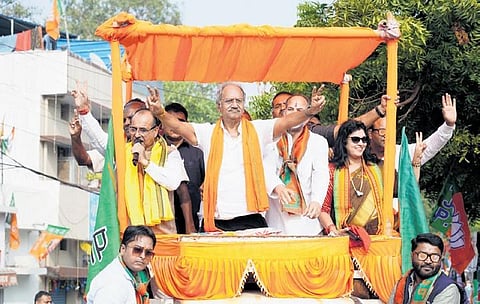BJP leader Brijmohan Agrawal during the poll campaign