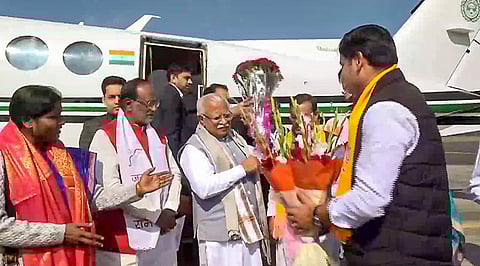 BJP observers for Madhya Pradesh Manohar Lal Khattar, K. Laxman and Asha Lakra being welcomed upon their arrival for BJP Legislature Party meeting, in Bhopal | PTI