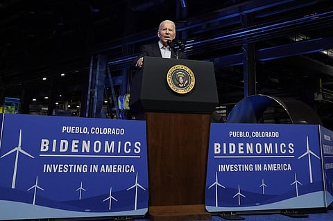 FILE - US President Joe Biden speaks about investing in clean energy manufacturing at CS Wind, the largest wind tower manufacturer in the world, Nov. 29, 2023, in Colorado. (AP Photo)