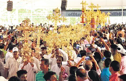 A procession taken out to mark the conclusion of the centenary celebrations of the creation of the Syro-Malabar Church Hierarchy and Ernakulam Vicariate’s elevation to Archdiocese at Bharata Mata Coll