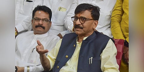 Shiv Sena (UBT) leader and MP Sanjay Raut addresses the media after a party meeting, in Solapur, Maharashtra. (Photo | PTI)