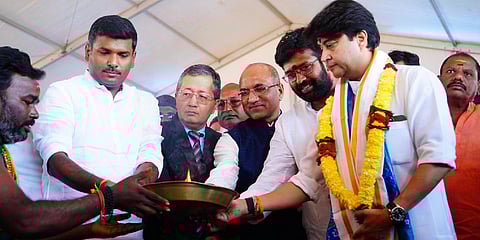 Union Aviation Minister Jyotiraditya Scindia performing puja during the foundation stone-laying ceremony of a new terminal building at Rajahmundry airport | Express