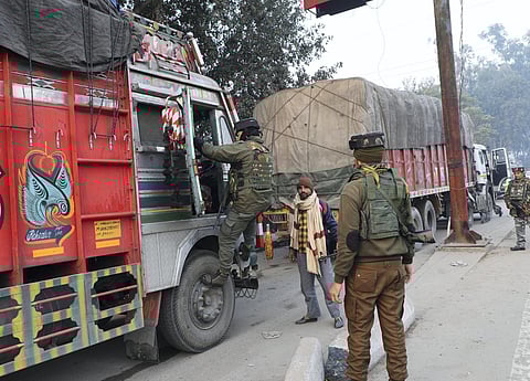 Security personnel on Jammu-Pathankot highway on the day of the Supreme Court's verdict on a batch of petitions challenging the abrogation of Article 370, on Dec. 11, 2023 | PTI
