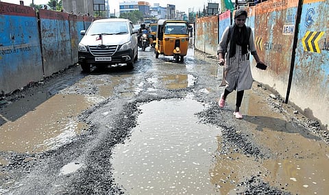 A damaged road near Poonamallee court on Monday | D Sampathkumar
